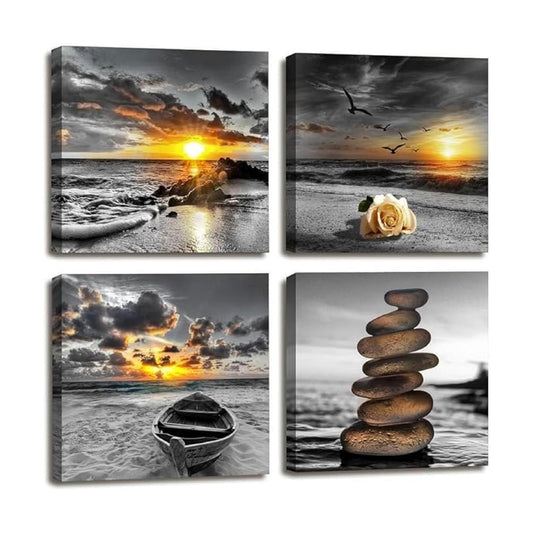 Black and White Gold Beach Wall Art Ocean Canvas / Ablack and White / 12 x 12 / Inches x / Set of 4