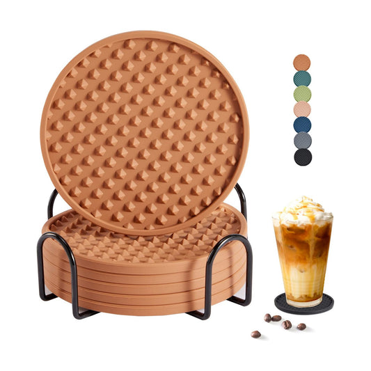 Holder / Coasters Tabletop Protection for Any Table Type / Brown with Holder / Silicone / Set of 6