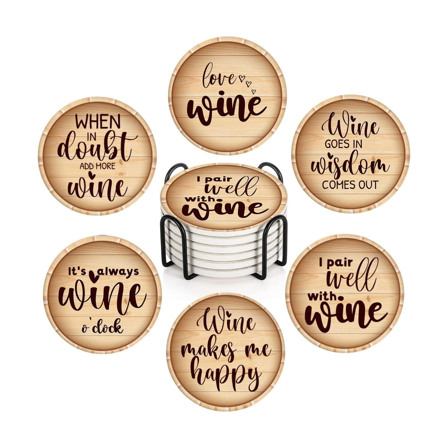 Wine Stamp Wooden Bottle Absorbent Round Ceramic Stone Mat / Retro 8 / Set of 6