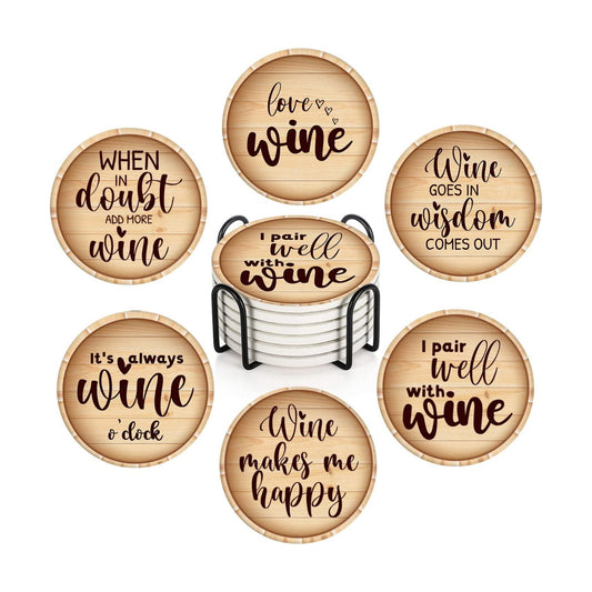 Wine Stamp Wooden Bottle Absorbent Round Ceramic Stone Mat / Retro 8 / Set of 6