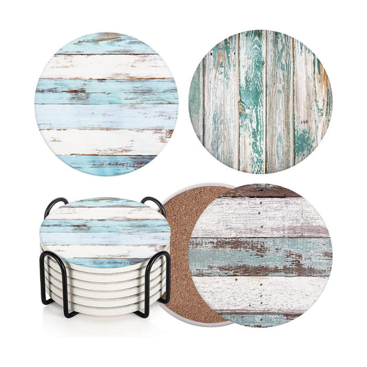 Wooden Board Blue Table Absorbent Round Ceramic Stone Mat / Wood 2 / Brown / Set of 6