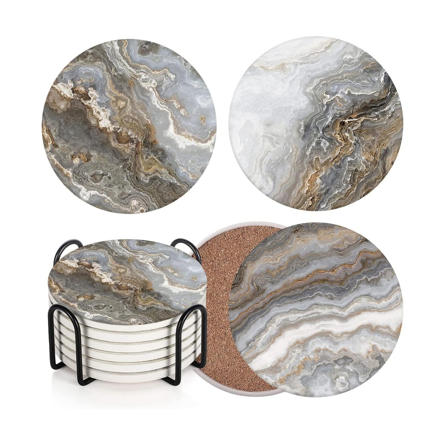 Grey Marble Golden Stone Agate Table Absorbent Round Ceramic Stone Mat / Marble Gray Gold / Set of 6