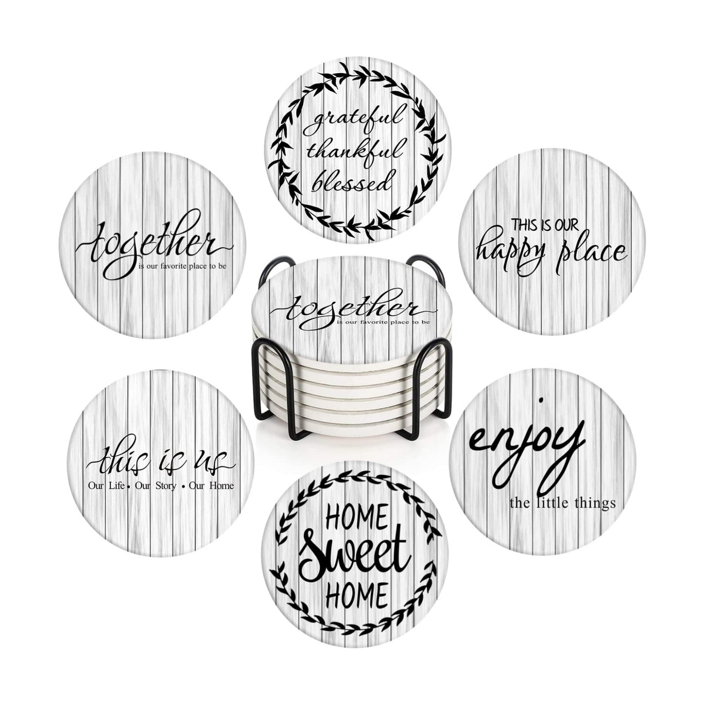 Old Wood Wooden Board Table Absorbent Round Ceramic Stone Mat / Retro 13 / White / Set of 6