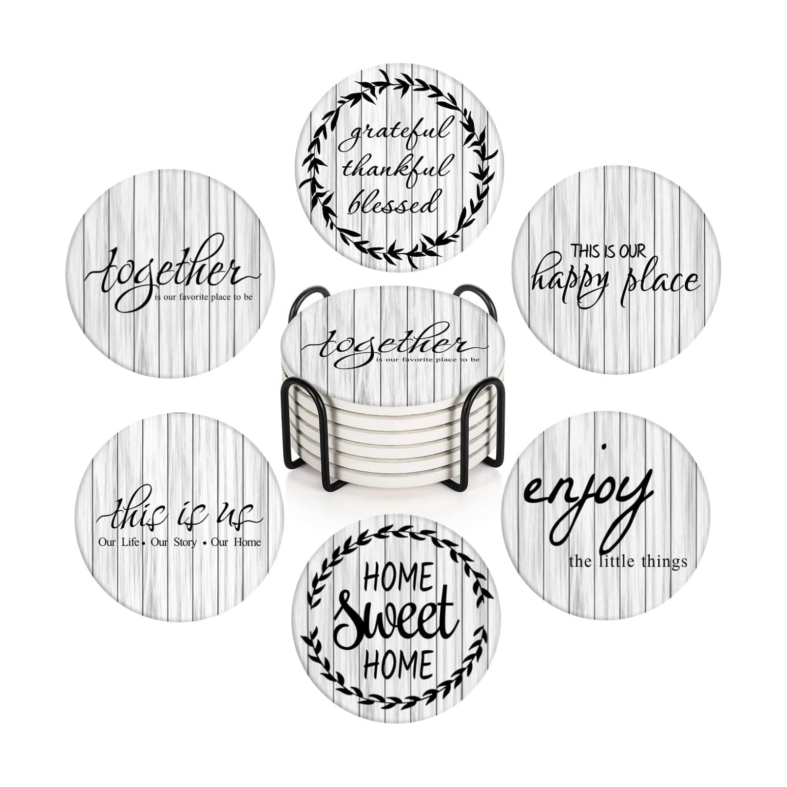 Old Wood Wooden Board Table Absorbent Round Ceramic Stone Mat / Retro 13 / White / Set of 6