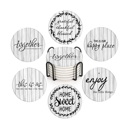 Old Wood Wooden Board Table Absorbent Round Ceramic Stone Mat / Retro 13 / White / Set of 6
