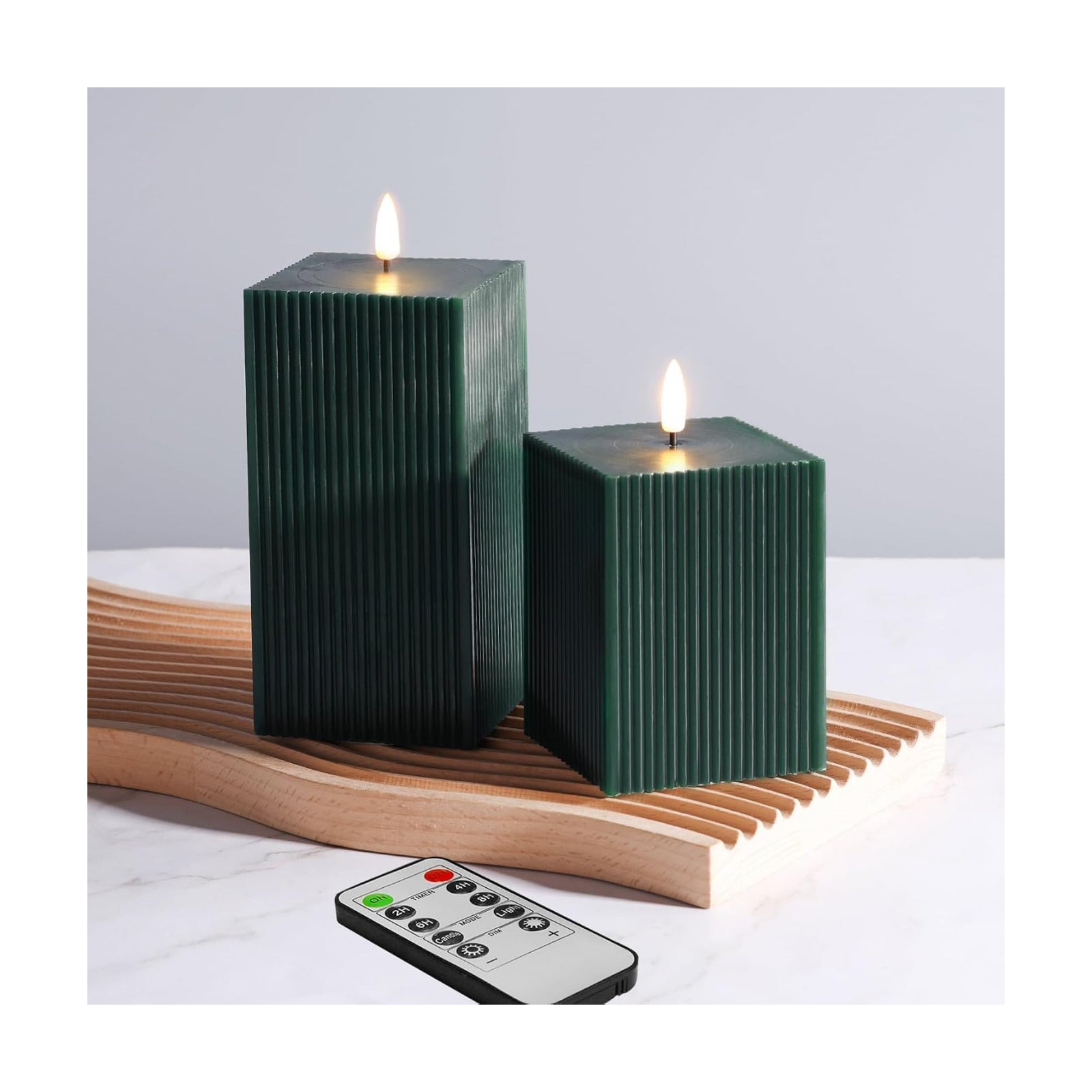 Dark Ribbed Flameless Candles / Green / Set of 2