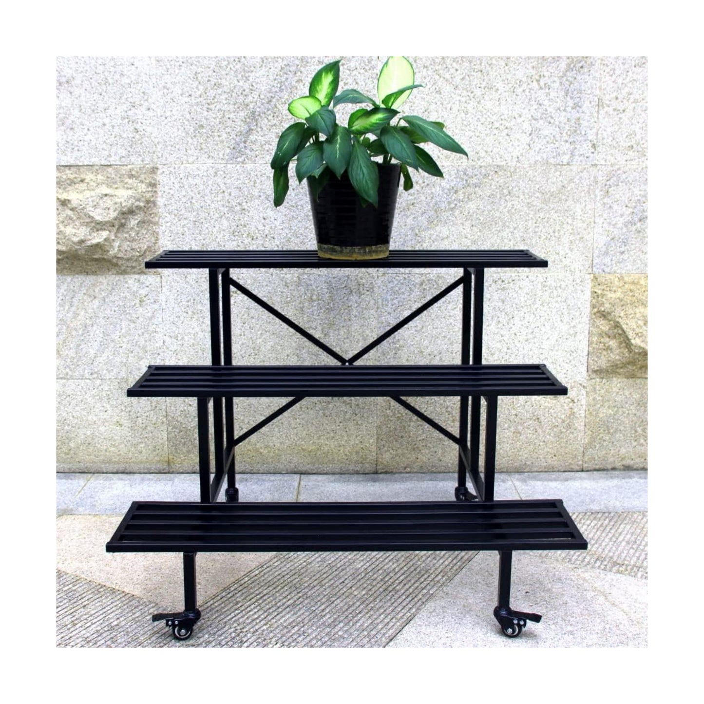 Zhongma 3 Tier Sturdy Metal Plant Stand with Wheels, L35.43 x W26 x H26 inch, Heavy Duty Plant Holder for Home Indoor