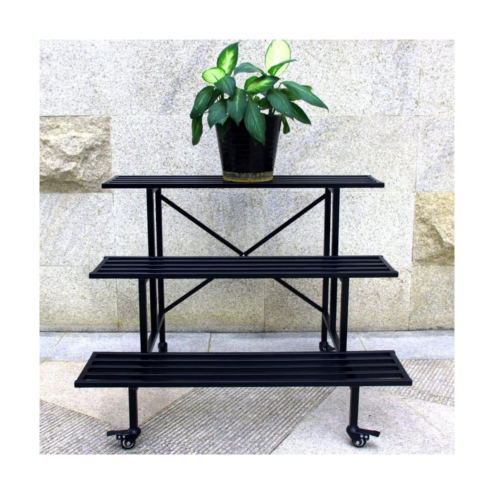 Zhongma 3 Tier Sturdy Metal Plant Stand with Wheels, L35.43 x W26 x H26 inch, Heavy Duty Plant Holder for Home Indoor