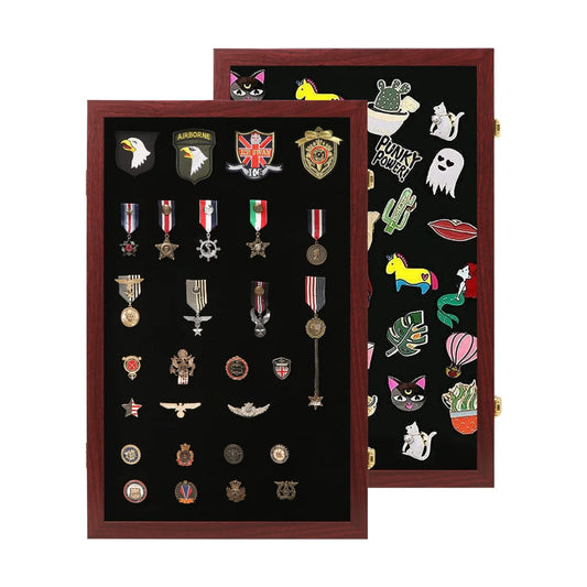 VERANI Pin Display Case Badge Display Frame Oversized Mahogany | Flexible layout arrangement,Premium real clear glass