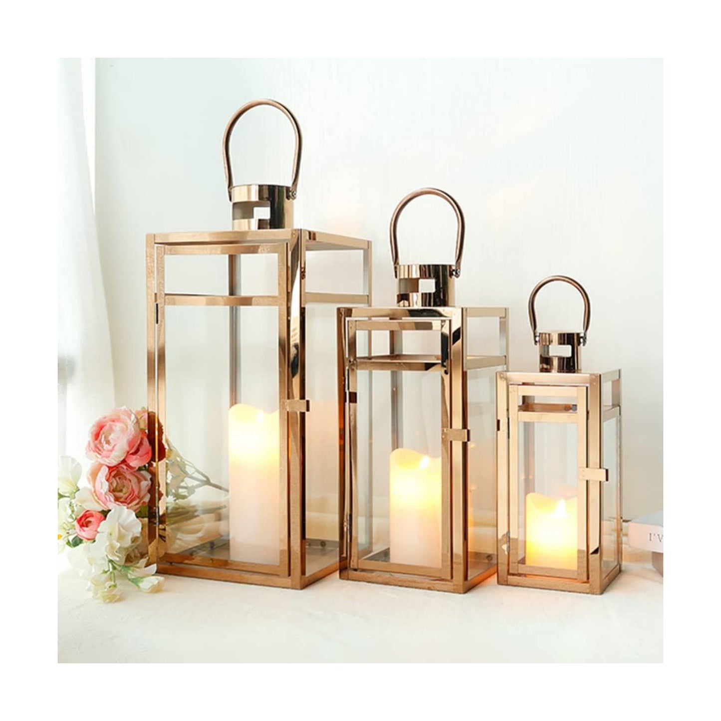 TRIROCKS Set of 3 Stainless Steel Candle Lantern 19/15/12'' High Metal Candle Holder with Tempered Glass Panels Perfect