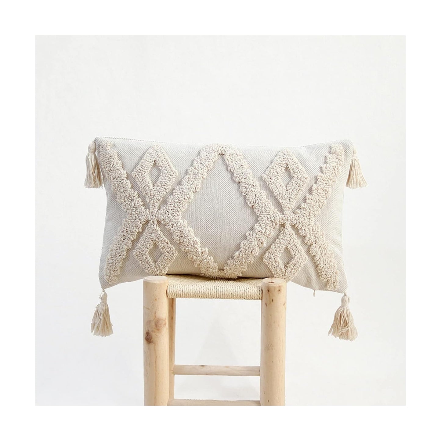 Boho Tufted Lumbar Throw Pillow Cover / Beige / 12 x 20