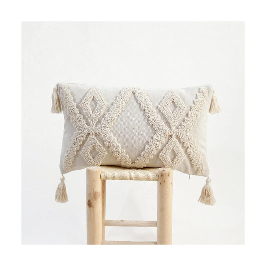 Boho Tufted Lumbar Throw Pillow Cover / Beige / 12 x 20