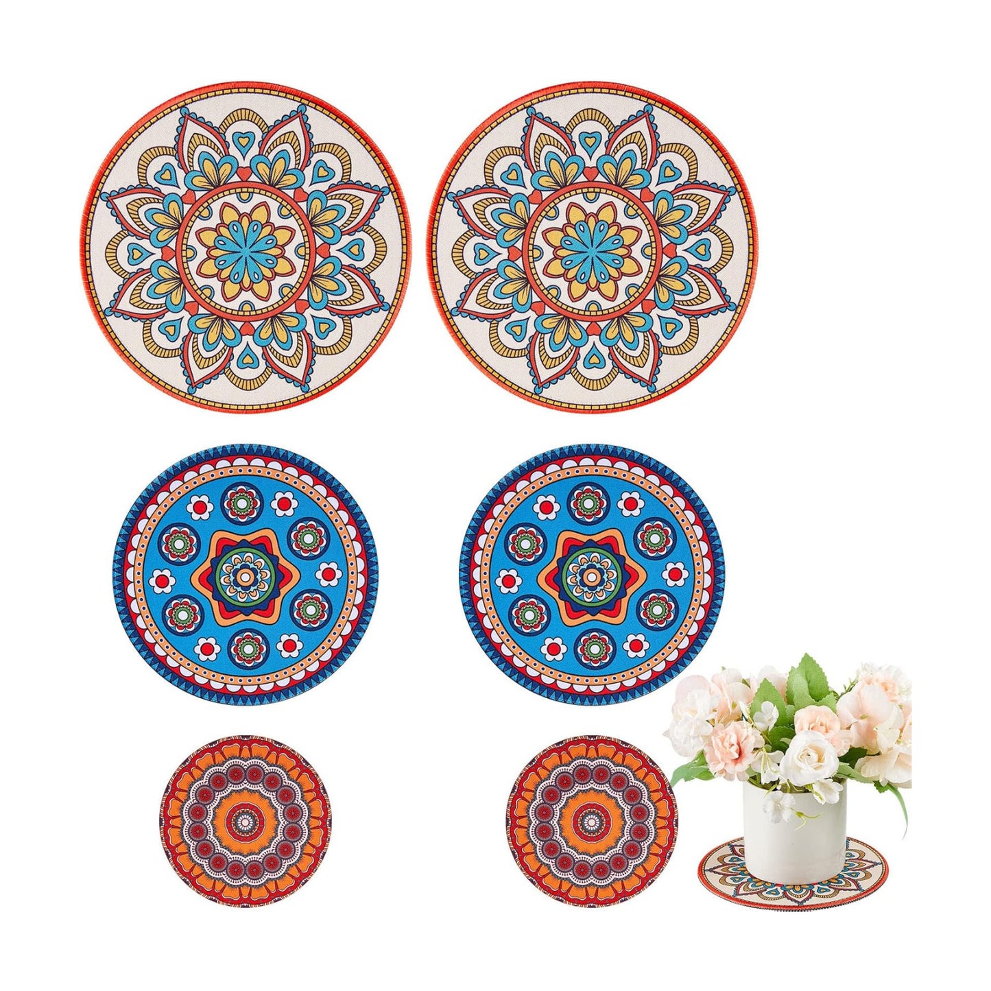 Boho Plant Coasters 3 Size 3.94" 5.9" 7.87" Rubber / Classic / 4 Inch, 6 Inch, 8 Inch / Set of 6