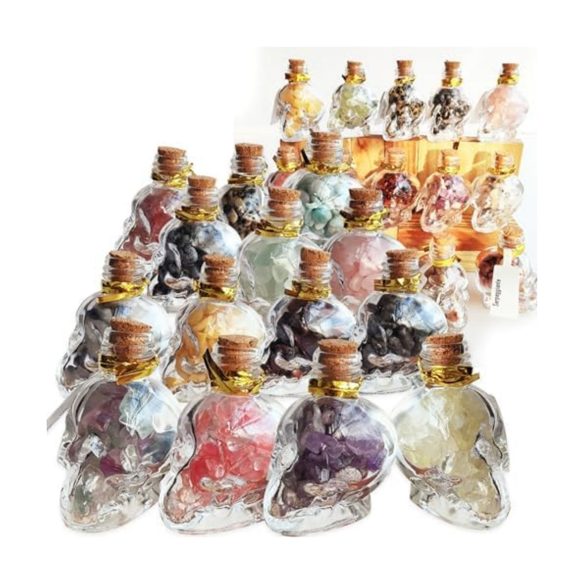 24Pcs Crystals and Healing MINI Stones with Skull Spell Jars-Crystal Chakra Stones Cute Glass Bottle-Healing Crystals