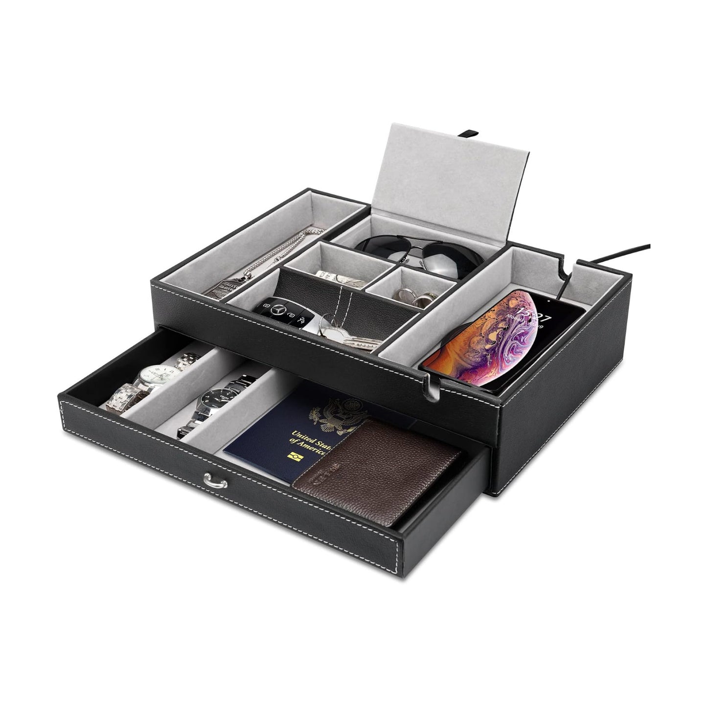 Baoyun Valet Tray for Men, 2 Layers Nightstand Organizers for Men and Women, Leather Jewelry Storage Box, Mens Dresser