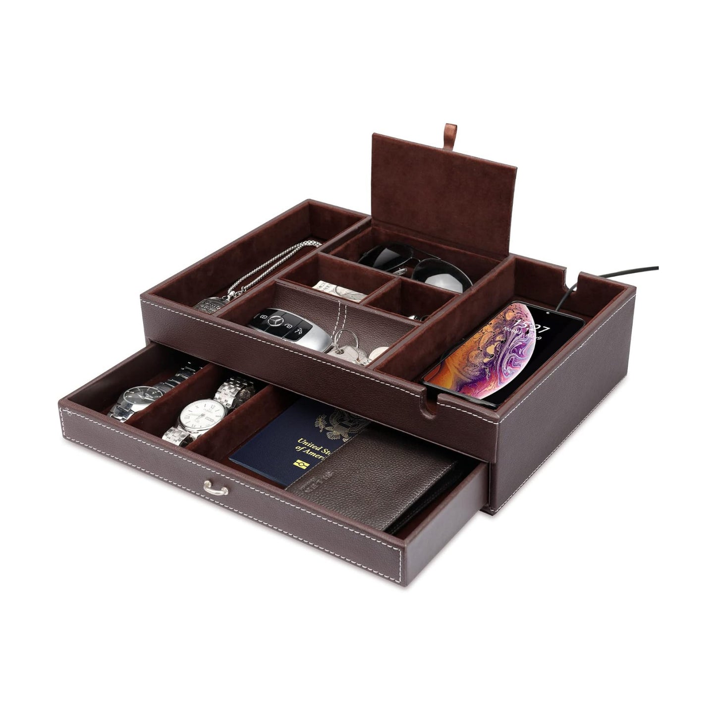 Baoyun Valet Tray for Men, 2 Layers Nightstand Organizers for Men and Women, Leather Jewelry Storage Box, Mens Dresser
