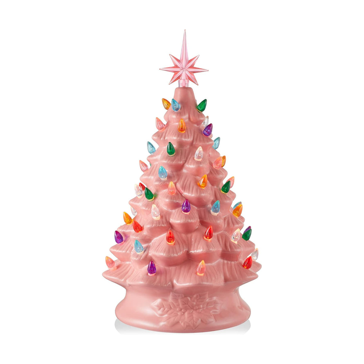 Casafield Hand Painted Ceramic Christmas Tree, Pink 15-Inch Pre-Lit Tree with 128 Multi Color Lights and 2 Star Toppers