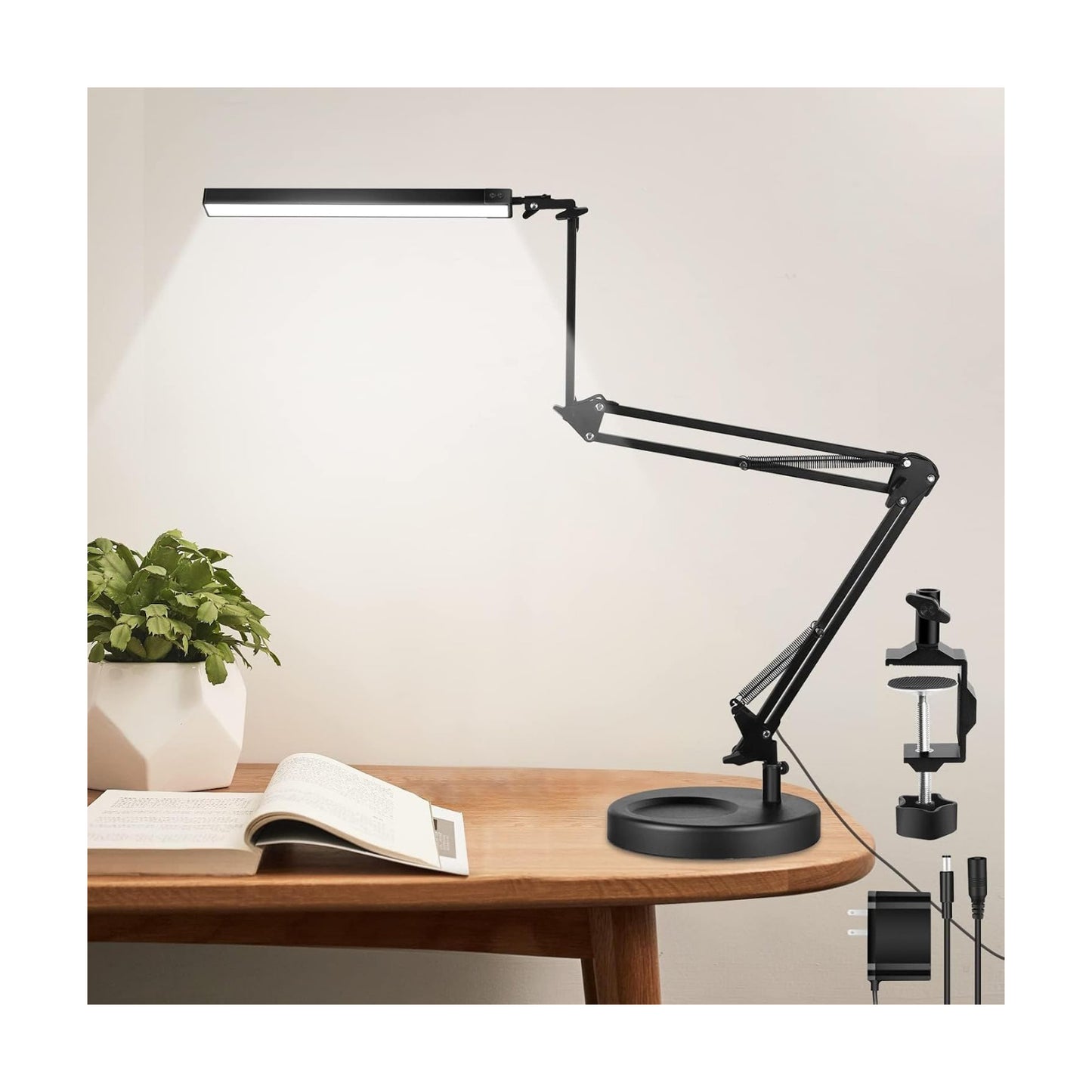 NOEVSBIG LED Desk Lamp with Clamp,2-in-1 Clamp on Desk Lamps with Base,50.7" Adjustable Swing Arm Architect Desk