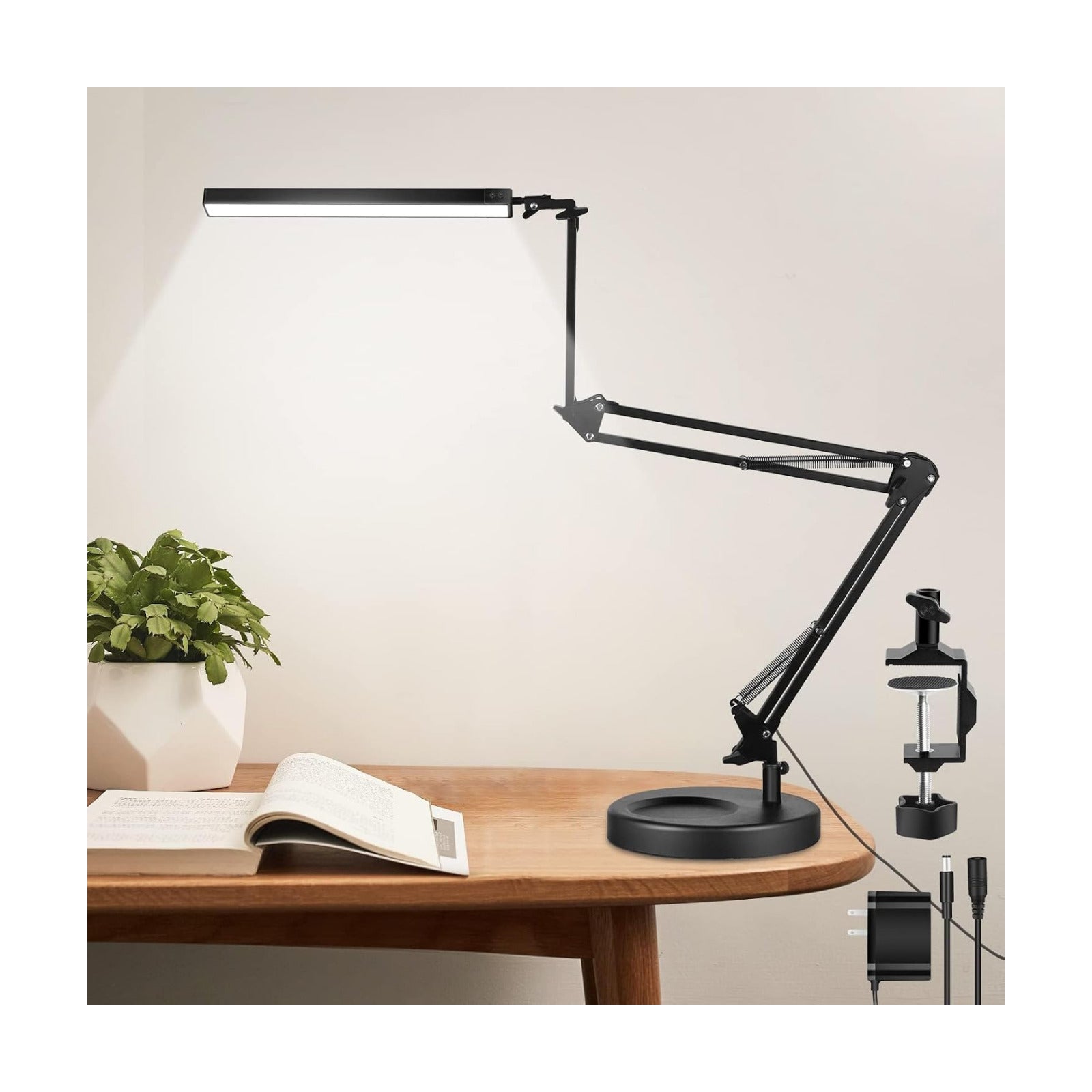 NOEVSBIG LED Desk Lamp with Clamp,2-in-1 Clamp on Desk Lamps with Base,50.7" Adjustable Swing Arm Architect Desk