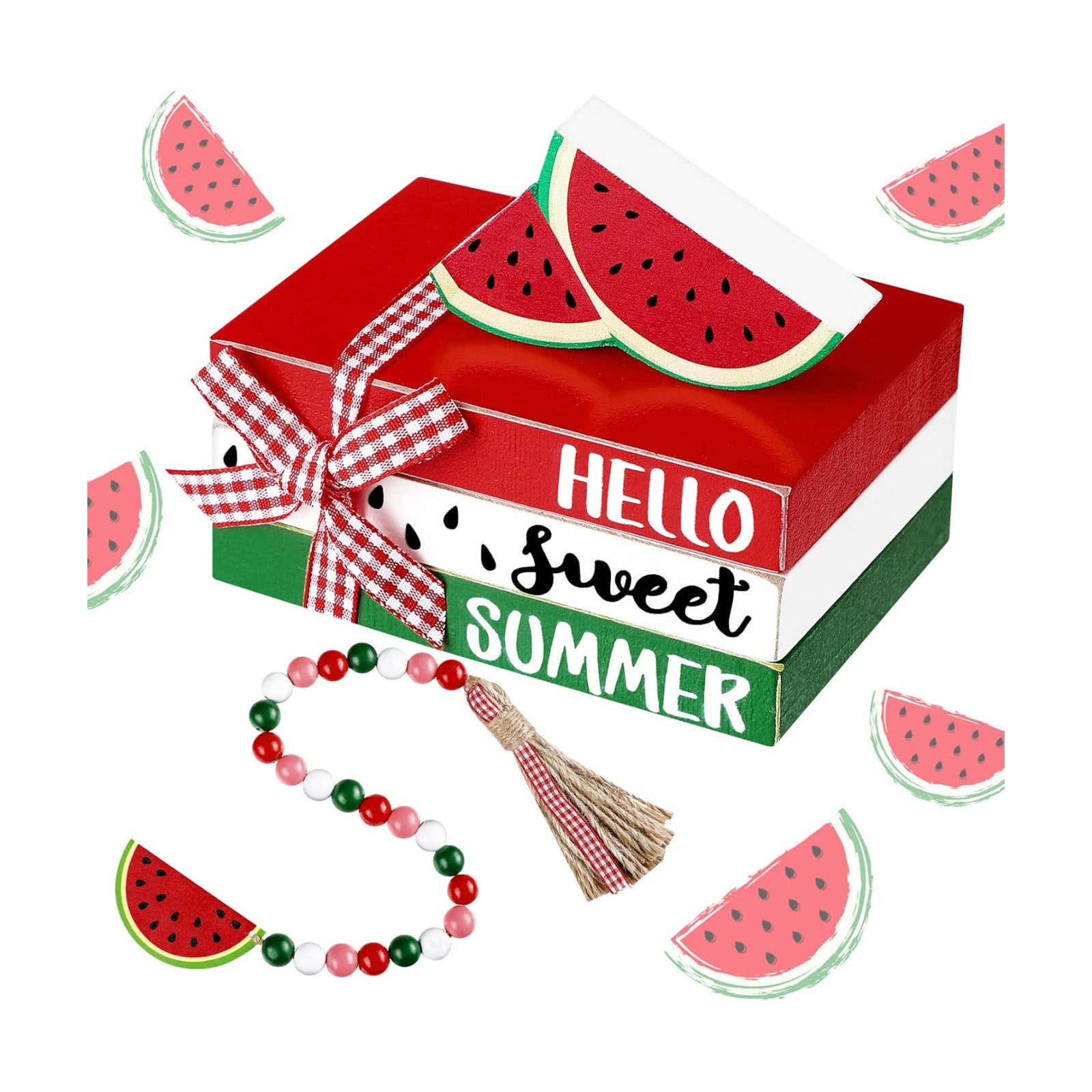 Watermelon Tiered Tray Decor Rustic Farmhouse Summer Wooden Bead Garland / Set of 6