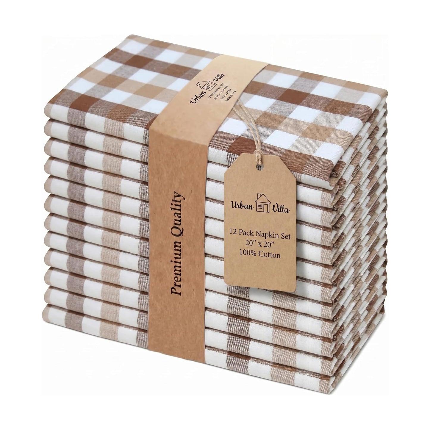 Urban Villa Cloth Napkins Cotton 20x20 (Set of 12) Taupe/Chocolate