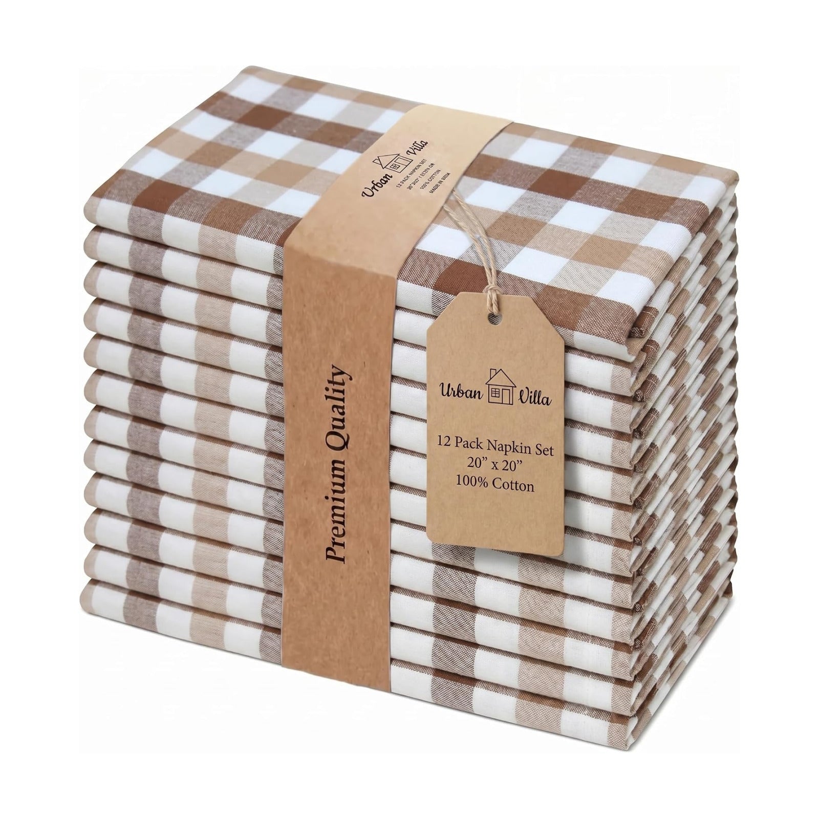 Urban Villa Cloth Napkins Cotton 20x20 (Set of 12) Taupe/Chocolate