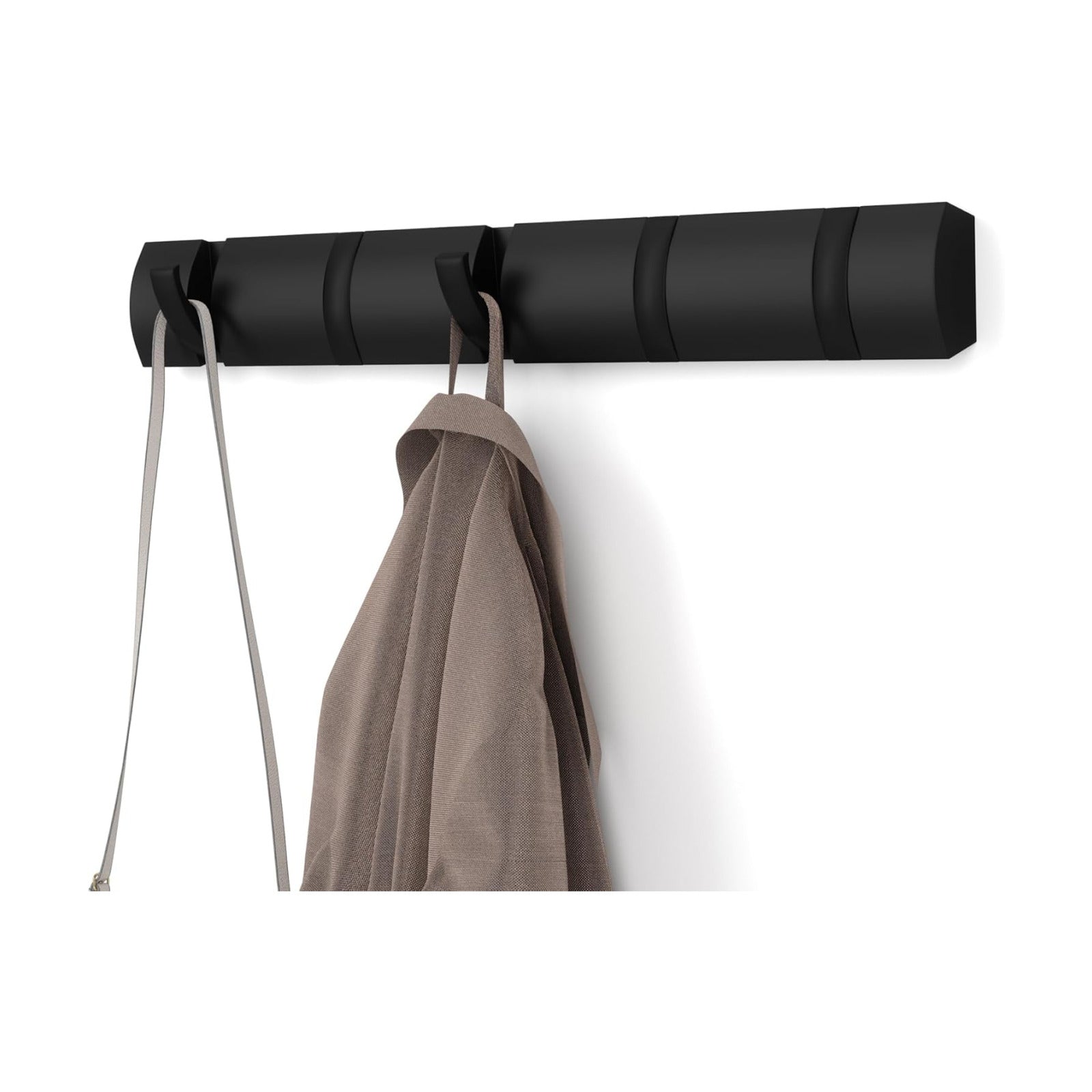Umbra Flip Coat Rack, Wall Mounted 5-Hook Space Saving, Black/Black | Real wood and steel build, retractable hooks fold