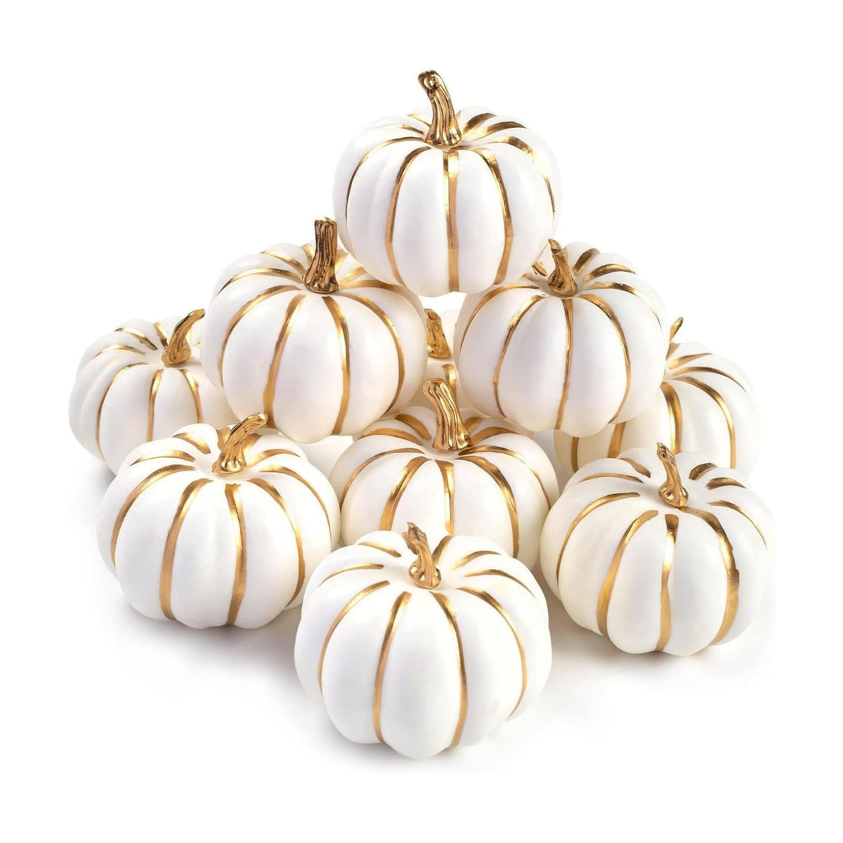 DomeStar 10 PCS White Foam Pumpkins with Gold Lines, Artificial Pumpkins
