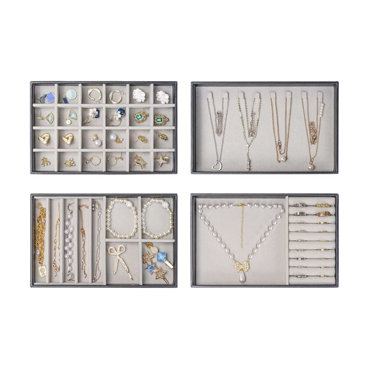 Stackable Jewelry Organizer Trays for Drawers / 4 Layers / Black