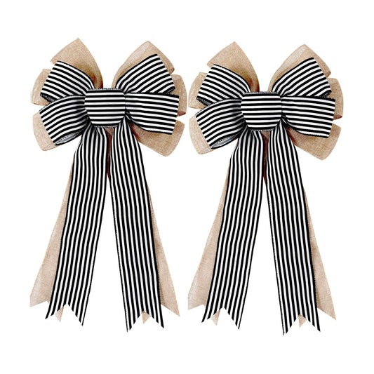2 Pack Black White Stripe Burlap Fall Bows for Wreaths Decorations