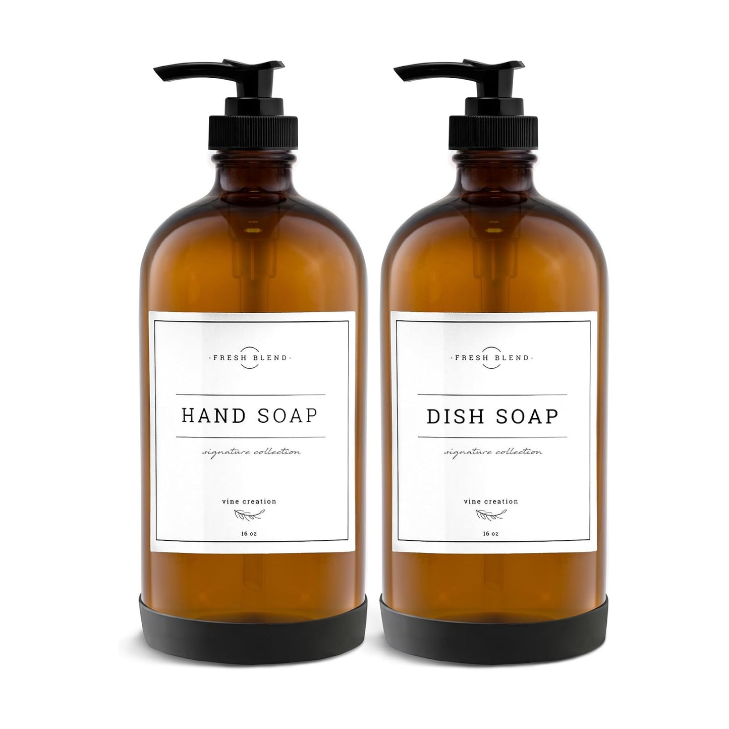 Vine Creations Amber Glass Soap Dispenser, 2 Pack Kitchen Soap Dispenser Set with Rustproof Pump, 16 oz Dish Soap and