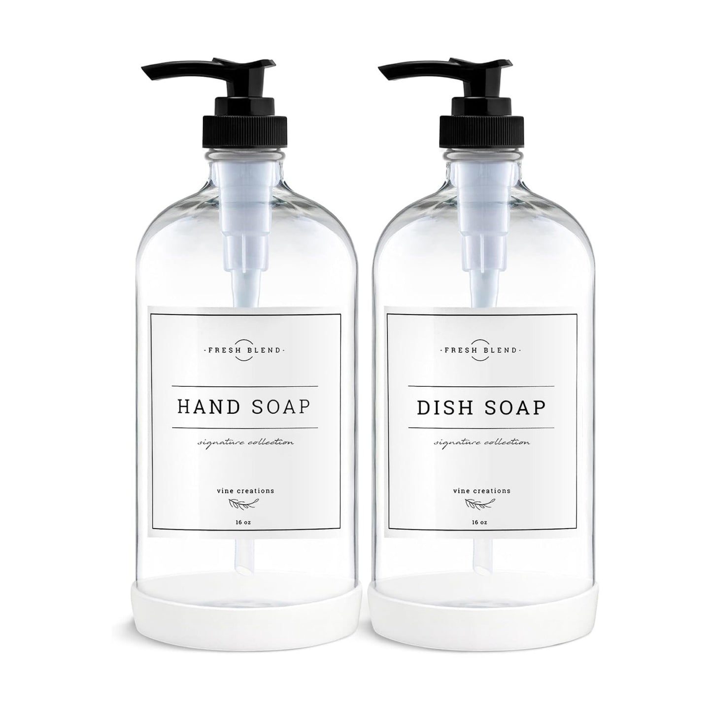 Vine Creations Clear Glass Soap Dispenser, 2 Pack Kitchen Soap Dispenser Set with Rustproof Pump, 16 oz Dish Soap and