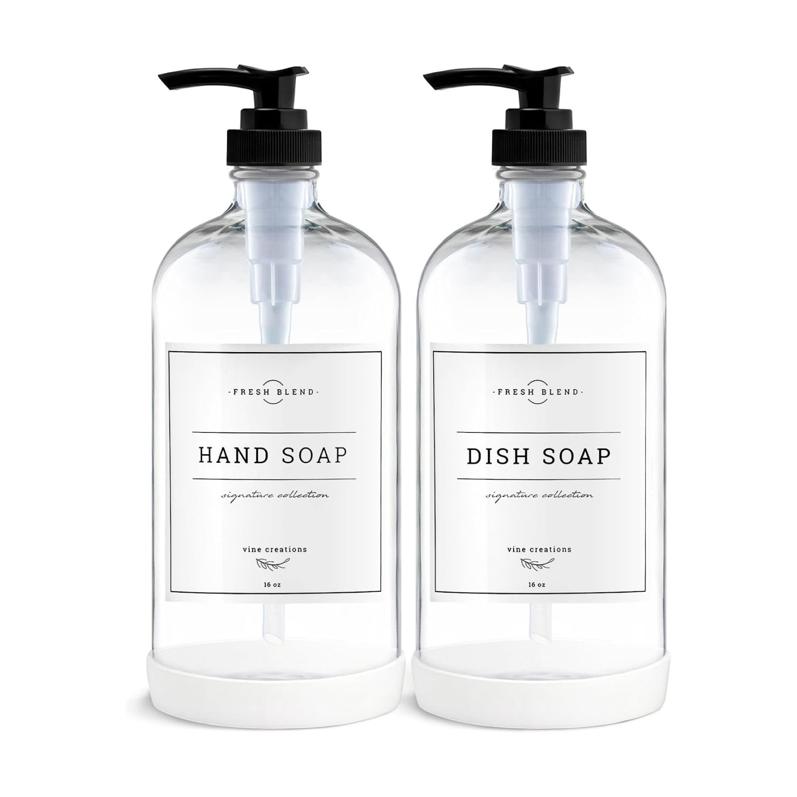 Vine Creations Clear Glass Soap Dispenser, 2 Pack Kitchen Soap Dispenser Set with Rustproof Pump, 16 oz Dish Soap and