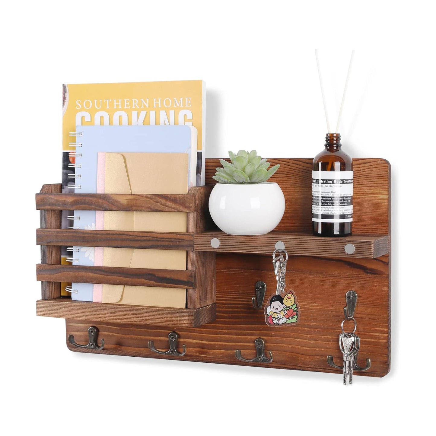 Easy Install Natural Wooden Key and Mail Holder / Brown