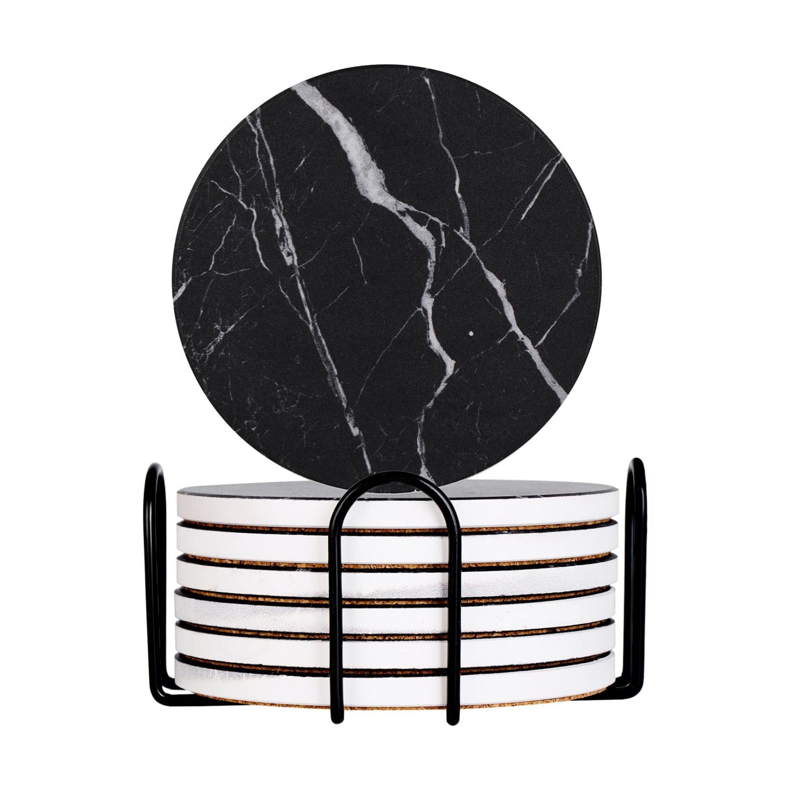 Holder Absorbent Ceramic Coasters Style / Black Marble / 4 Inch / Set of 6