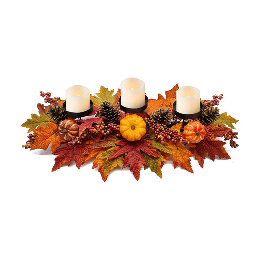 Thanksgiving Centerpiece Fall Table Decorations, Artificial Pumpkins, Pine Cones, Maple Leaves and Berries, Harvest Table Candle Holder for Dinning Table, Fireplace Mantel (Candle Not Included)