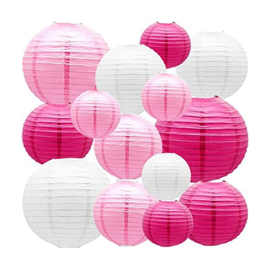 14 Pcs Pink White Paper Lanterns with Ribbon, 6-10 in Baby Shower Decor Set