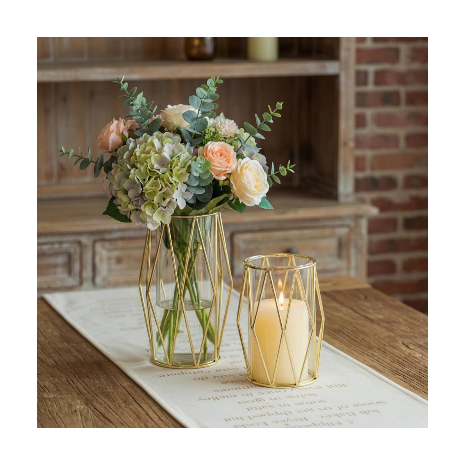 NUPTIO Gold Geometric Hurricane Glass Candle Holders, Set of 2 | 2 Graduated Diamond Frames, Clear Cylinder Vases, for