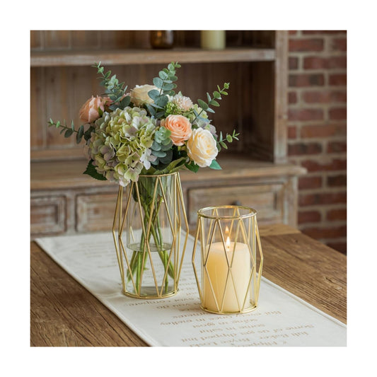 NUPTIO Gold Geometric Hurricane Glass Candle Holders, Set of 2 | 2 Graduated Diamond Frames, Clear Cylinder Vases, for