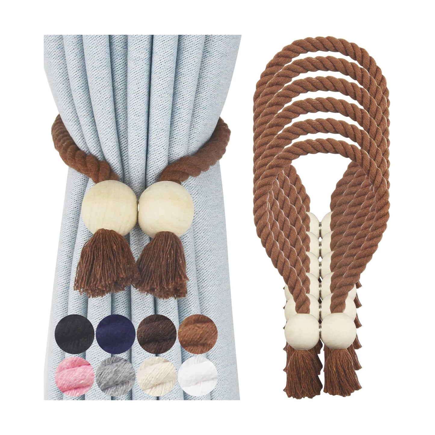 Magnetic Curtain Tiebacks Decorative Tie Back Drapes Holdbacks Nieffeiy | 6 Pack Khaki Cotton Hand Woven Rope Curtain