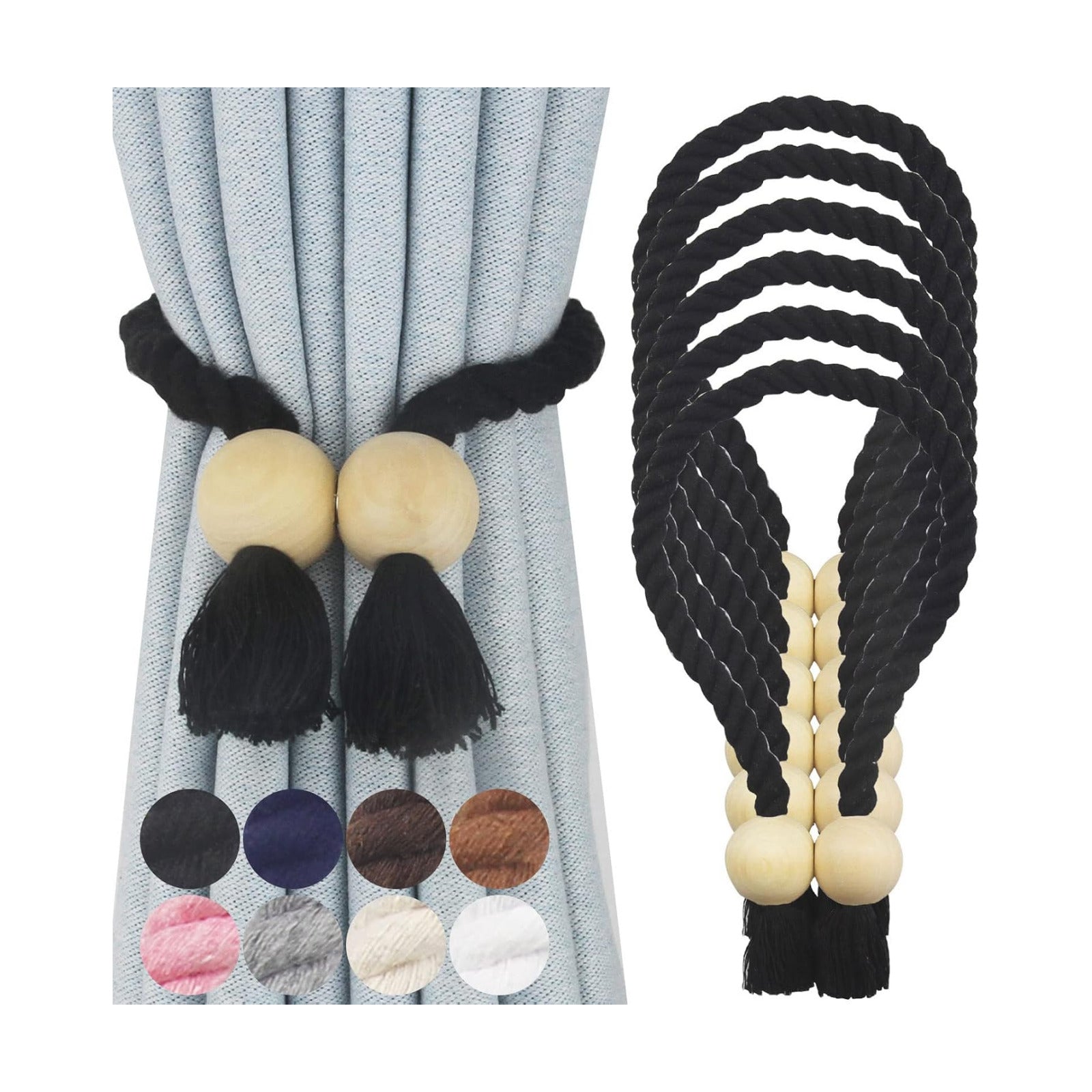 Magnetic Curtain Tiebacks Decorative Tie Back Drapes Holdbacks Nieffeiy | 6 Pack Black Cotton Hand Woven Rope Curtain