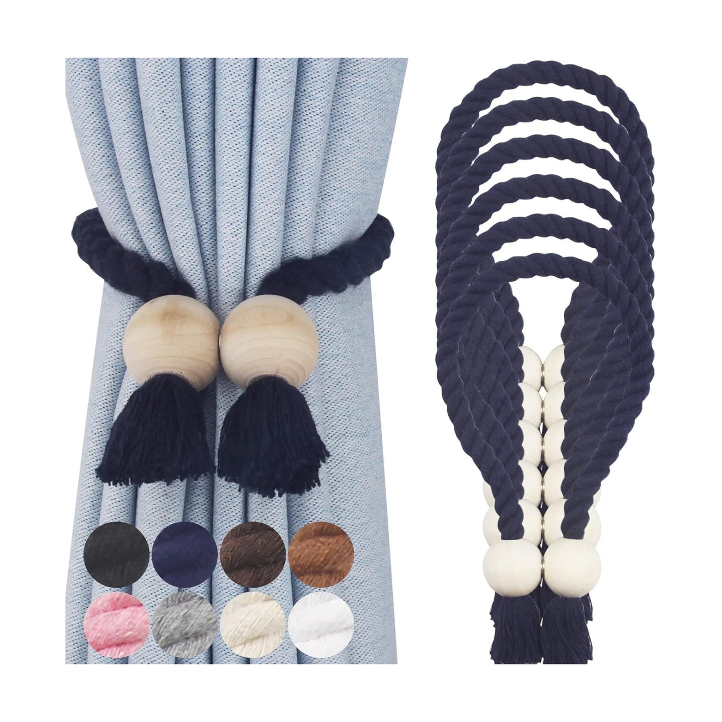 Magnetic Curtain Tiebacks Decorative Tie Back Drapes Holdbacks Nieffeiy | 6 Pack Navy Cotton Hand Woven Rope Curtain