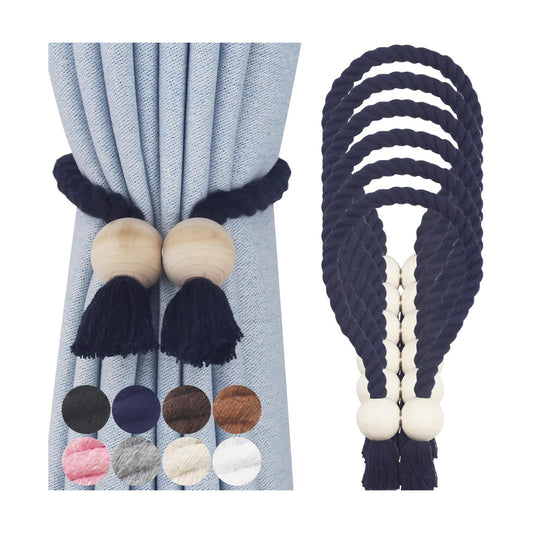 Magnetic Curtain Tiebacks Decorative Tie Back Drapes Holdbacks Nieffeiy | 6 Pack Navy Cotton Hand Woven Rope Curtain