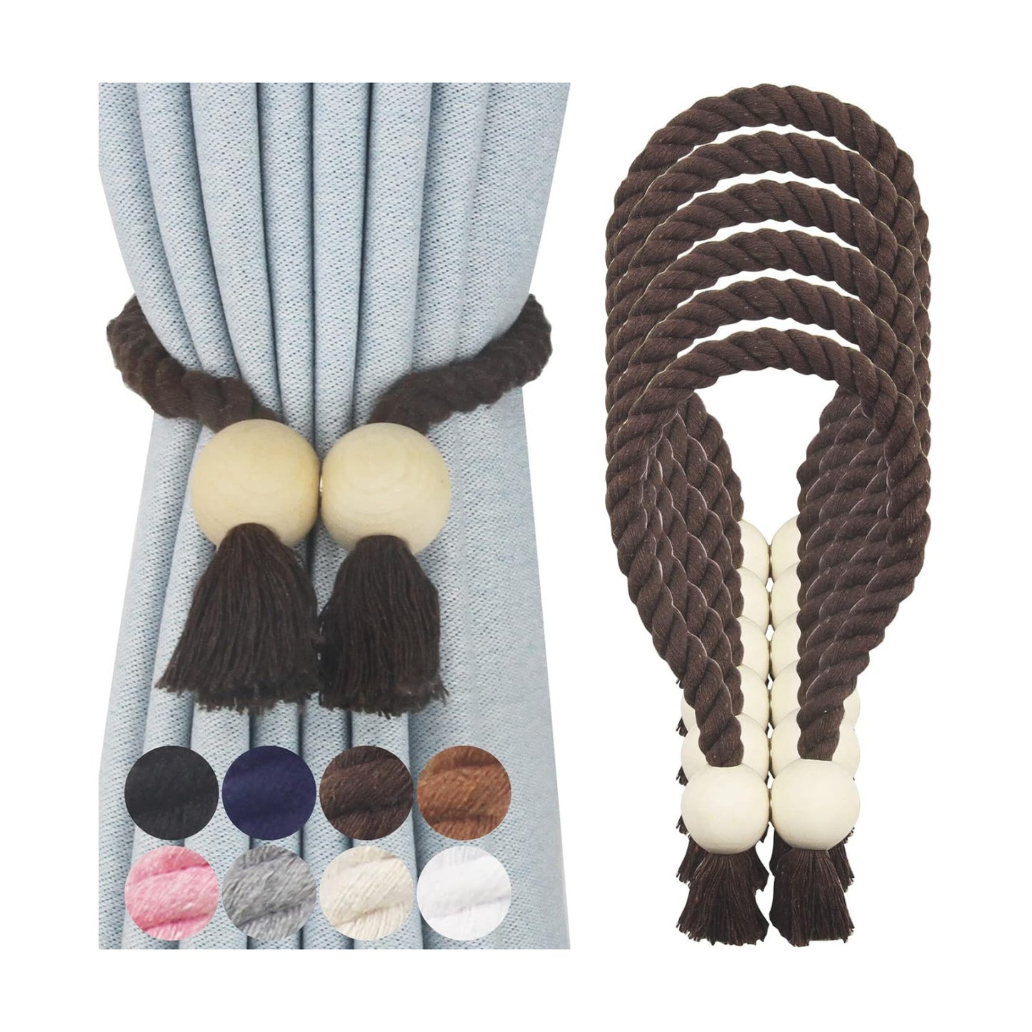 Magnetic Curtain Tiebacks Decorative Tie Back Drapes Holdbacks Nieffeiy | 6 Pack Coffee Cotton Hand Woven Rope Curtain