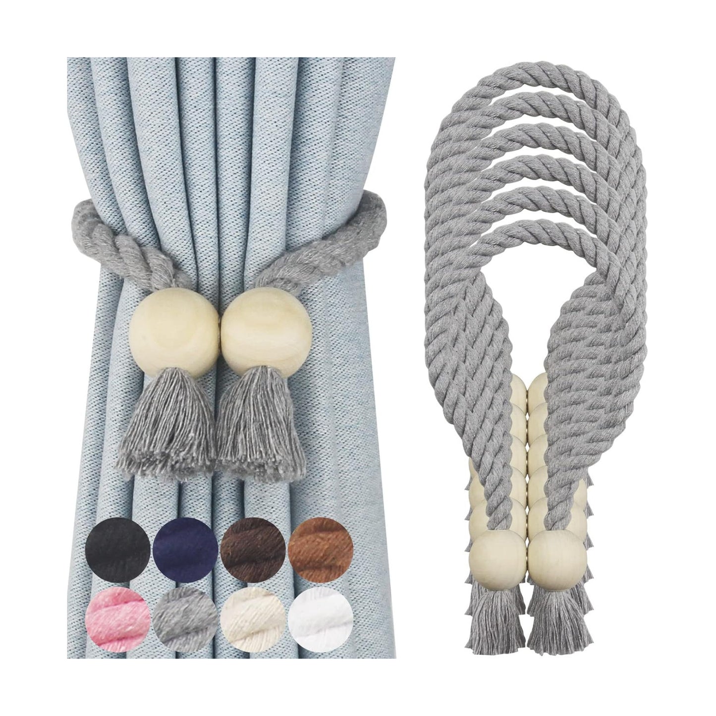 Magnetic Curtain Tiebacks Decorative Tie Back Drapes Holdbacks Nieffeiy | 6 Pack Grey Cotton Hand Woven Rope Curtain