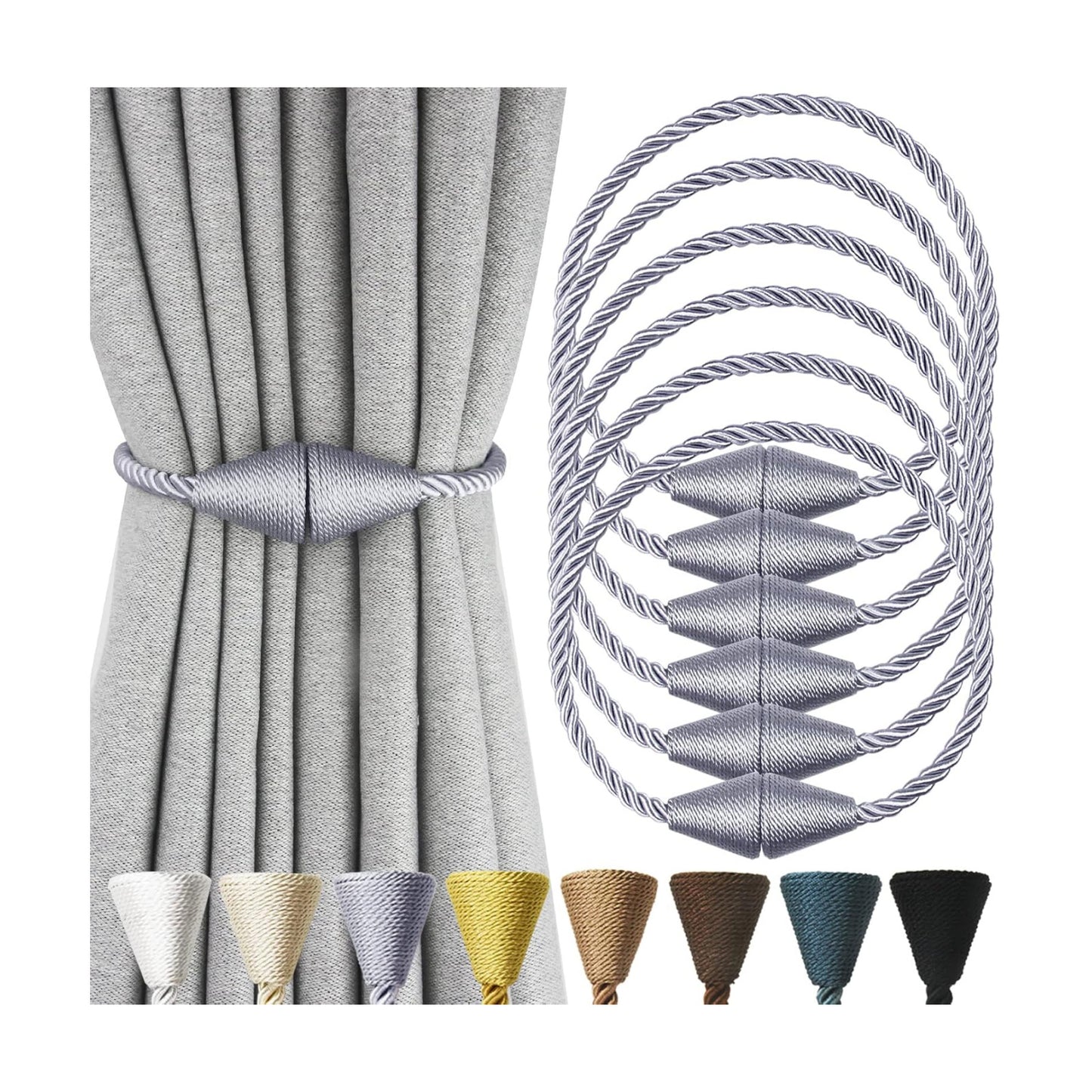 Magnetic Curtain Tiebacks Rope Decorative Holdbacks for Drapes Nieffeiy | 6 Pack Grey Modern Handmade Curtain Tie Backs
