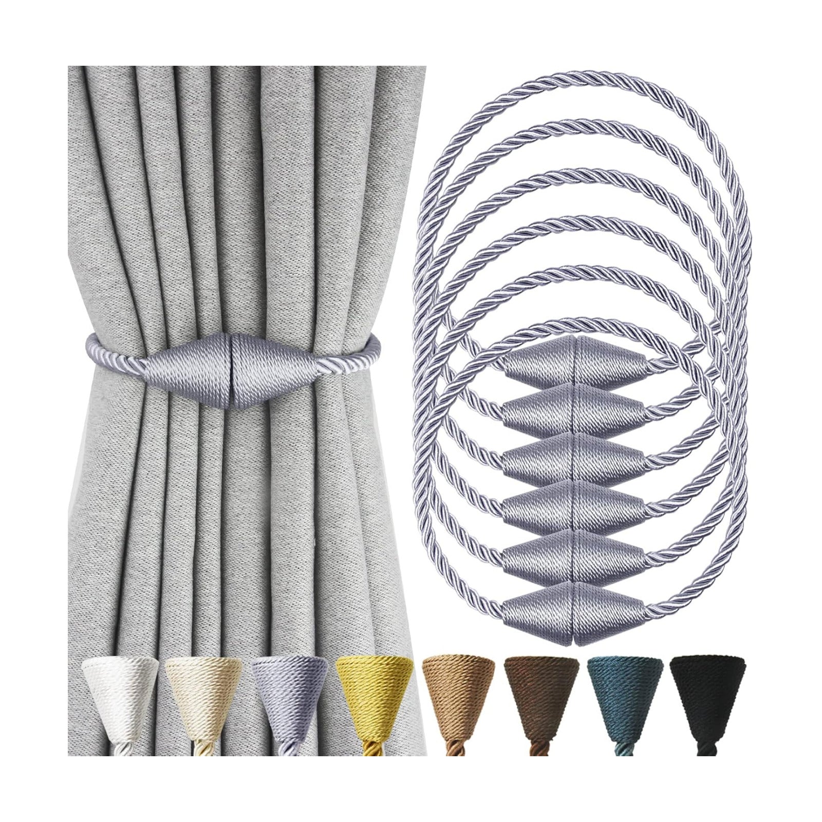 Magnetic Curtain Tiebacks Rope Decorative Holdbacks for Drapes Nieffeiy | 6 Pack Grey Modern Handmade Curtain Tie Backs