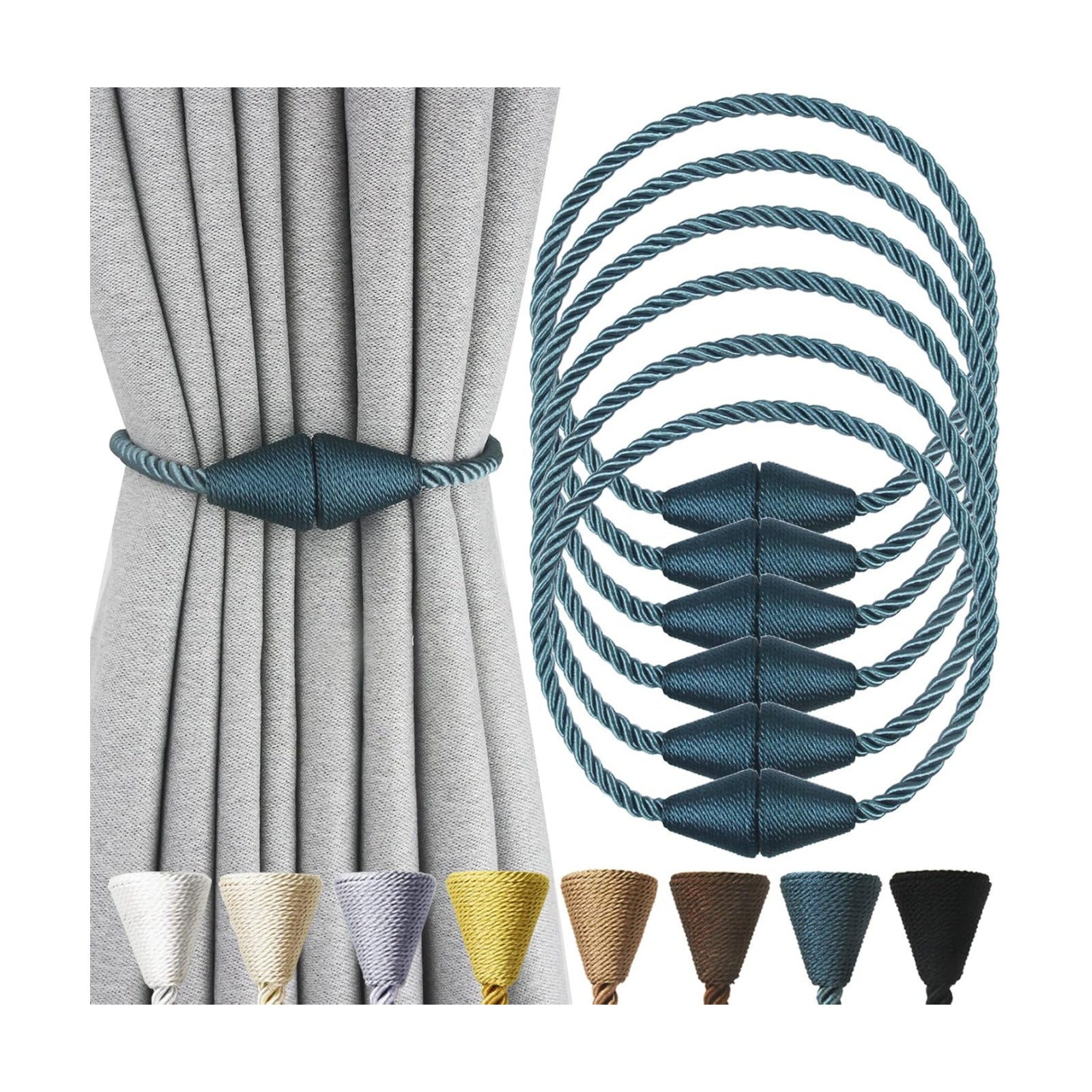 Magnetic Curtain Tiebacks Rope Decorative Holdbacks for Drapes Nieffeiy | 6 Pack Blue Modern Handmade Curtain Tie Backs