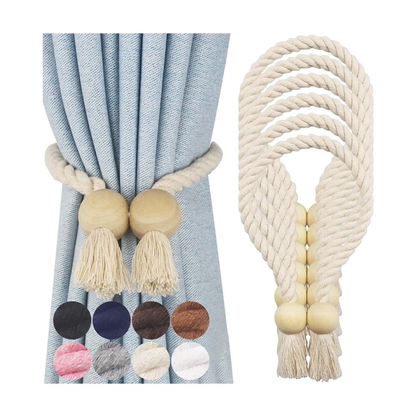 6 Pack Magnetic Curtain Tiebacks Cotton Hand Woven Tie Back Decorative Rope Holdbacks for Curtains Draperies No Tools