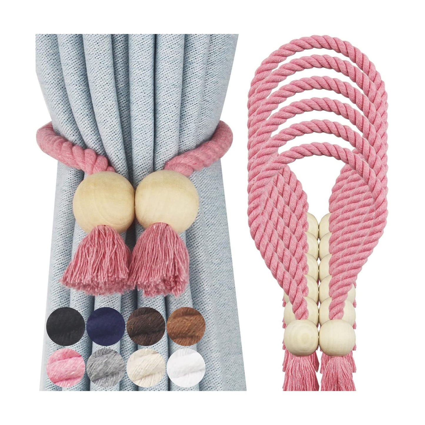 Magnetic Curtain Tiebacks Decorative Tie Back Drapes Holdbacks Nieffeiy | 6 Pack Pink Cotton Hand Woven Rope Curtain